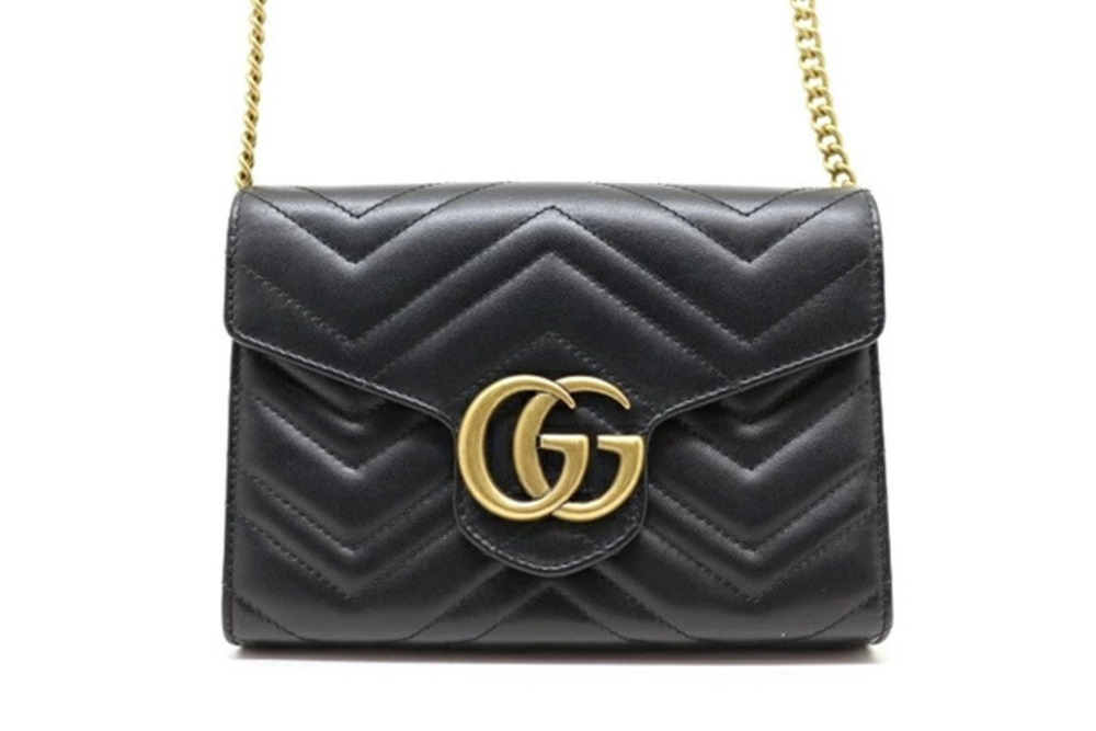 Gucci Bag Shoulder Chain GG Marmont Wallet Black Calfskin